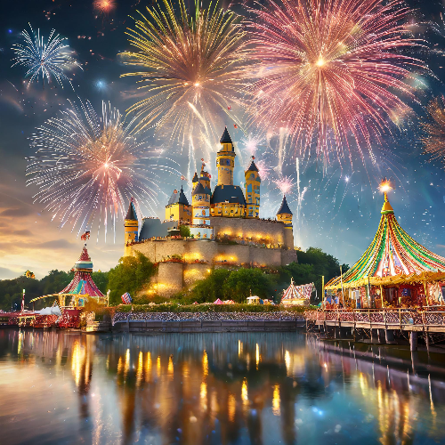 Firefly Amusement theme park with castle and fireworks at night.jpg